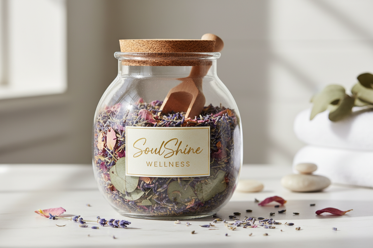 a wooden spoon and can the jar say soulshine wellness