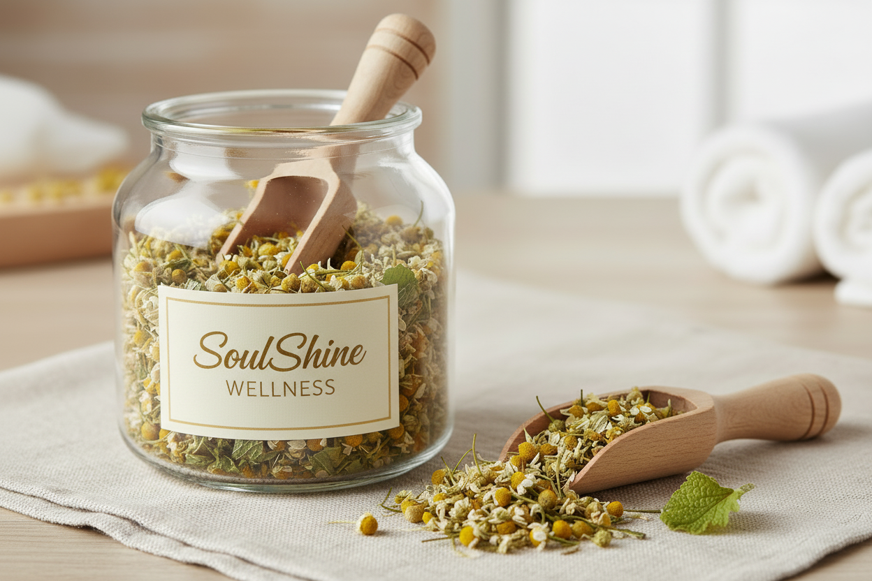 chamomile and lemon balm in glass jar with spoon that says SoulShine Wellness like the other one