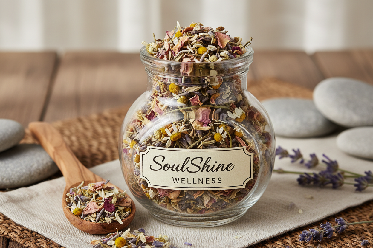 now a sleepy bath tea passionflower, chamomile, and rose in a glass jar with a wooden spoon saying SoulShine Wellness