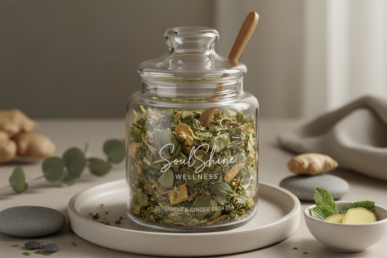 Pepperming and Ginger Bath Tea in glass jar with spoon